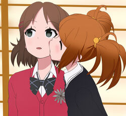  2girls black_eyes bow bowtie brown_hair closed_eyes hair_bobbles hair_ornament hairclip haruyama_kazunori kissing kissing_cheek multiple_girls school_uniform short_hair suzuki_yua takahashi_aoi tesagure!_bukatsu-mono twintails yuri 