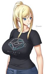  :&lt; alternate_breast_size artist_name black_shirt blonde_hair blue_eyes breasts casual commentary covered_nipples denim female high_ponytail huge_breasts jeans long_hair looking_away metroid onomeshin pants ponytail samus_aran shirt short_sleeves simple_background solo standing t-shirt tsurime uniqlo white_background 