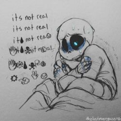  1:1 animated_skeleton bed bedding blanket bone character_cipher clothed clothing english_text furniture hi_res humanoid male monochrome not_furry sans_(undertale) scared skeleton solo text thelostmoongazer undead undertale undertale_(series) wingdings_text 