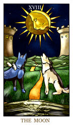  alva_(character) ambiguous_gender black_body black_fur blue_body blue_fur building canid canine canis card card_template duo feathered_wings feathers feral feralise fortune_telling fur grass howl jinxy_falina major_arcana mammal moon night path plant sky star tan_body tan_fur tarot tarot_card the_moon_(tarot) tower water white_body white_feathers wings wolf 