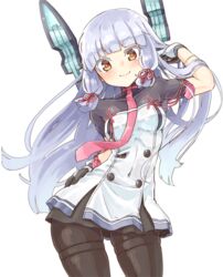  &gt;:) adjusting_hair black_pantyhose blunt_bangs blush breasts buttons colored_eyelashes commentary_request contrapposto cowboy_shot dress female gloves grey_hair hair_ribbon hand_on_own_hip headgear kantai_collection light_smile long_hair looking_at_viewer murakumo_(kancolle) murakumo_kai_ni_(kancolle) naka_akira necktie pantyhose protected_link ribbon sailor_dress school_uniform short_eyebrows sidelocks simple_background small_breasts smile solo standing tassel tress_ribbon turtleneck v-shaped_eyebrows very_long_hair white_background 