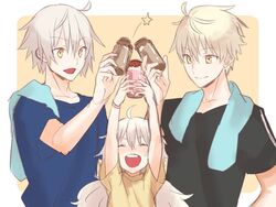  2boys ahoge arthur_pendragon_(fate) arthur_pendragon_alter_(fate) bad_id bad_twitter_id blonde_hair casual closed_eyes closed_mouth coffee_milk fate/grand_order fate/prototype fate/stay_night fate_(series) female genderswap_(ftm) grey_hair hand_on_own_hip jeanne_d&#039;arc_alter_(avenger)_(fate) jeanne_d&#039;arc_alter_(fate) jeanne_d&#039;arc_alter_santa_lily_(fate) lolicon long_hair multiple_boys multiple_persona open_mouth rule_63 seseragi_azuma shirt short_hair simple_background smile strawberry_milk t-shirt toasting_(gesture) towel towel_around_neck upper_body yellow_background yellow_eyes 