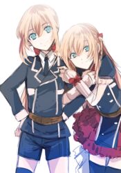  1boy blonde_hair blue_eyes commentary_request cowboy_shot dual_persona female genderswap_(mtf) hands_on_own_hips locked_arms long_hair looking_at_viewer midare_toushirou midare_toushirou_(kiwame) military military_uniform necktie otoko_no_ko reverse_trap rule_63 shorts simple_background smile touken_ranbu ui_(majiwi) uniform white_background 