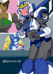  3girls aqua_eyes artist_name autobot blue_eyes blush bumblebee_(transformers) commentary_request decepticon doll embarrassed figure full-face_blush full_body glowing glowing_eyes hasbro insignia kamizono_(spookyhouse) lockdown_(transformers) long_hair machine machinery mecha minerva_(transformers) multiple_girls optimus_prime photoshop_(medium) poster_(object) robot sari_sumdac science_fiction solo_focus strongarm_(transformers) toy transformers transformers:_rescue_bots transformers:_robots_in_disguise_(2015) transformers_animated transformers_super-god_masterforce 