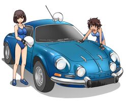  2girls alpine_(carmaker) alpine_a110 black_eyes blue_footwear blue_one-piece_swimsuit brown_hair car closed_mouth commentary_request dark-skinned_female dark_skin girls_und_panzer helmet holding hoshino_(girls_und_panzer) looking_at_viewer motor_vehicle multiple_girls one-piece_swimsuit open_mouth renault school_swimsuit shadow shoes short_hair simple_background smile sneakers standing suzuki_(girls_und_panzer) swimsuit uona_telepin vehicle_focus white_background 