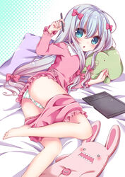  :o aqua_eyes barefoot blue_hair blush bow clothes_pull commentary eromanga_sensei female hairbow izumi_sagiri legs long_hair looking_at_viewer low-tied_long_hair lying maron_cake on_side pajamas pajamas_pull panties parted_lips pillow pink_bow polka_dot polka_dot_background shorts shorts_pull striped_clothes striped_panties stuffed_animal stuffed_octopus stuffed_rabbit stuffed_toy stylus tablet_pc underwear 