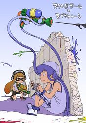  2girls bike_shorts blue_eyes blue_hair commentary_request controller crossover flat_chest game_console game_controller hat headphones ikamusume ink_tank_(splatoon) inkling inkling_girl inkling_player_character jeet jpeg_artifacts long_hair multiple_girls multitasking nintendo orange_eyes orange_hair paint_splatter pointy_ears shinryaku!_ikamusume shoes sidelocks sneakers splatoon_(series) splatoon_1 splattershot_(splatoon) super_soaker tentacle tentacle_hair trait_connection translated wall wii_u wii_u_gamepad 