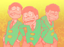  3boys bad_id bad_pixiv_id brothers evil_grin evil_smile formal gradient_background grin hands_in_pockets limited_palette male_focus matahei matsuno_choromatsu matsuno_ichimatsu matsuno_osomatsu messy_hair multiple_boys osomatsu-kun osomatsu-san osomatsu_(series) siblings simple_background smile star_(symbol) starry_background suit 