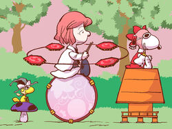  bird bow chamupei charles_schulz_(style) commentary_request cosplay doghouse drum drum_set drumsticks female grin hair_tubes hairbow hakurei_reimu hakurei_reimu_(cosplay) hat horikawa_raiko instrument kirisame_marisa kirisame_marisa_(cosplay) mushroom peanuts_(comic) photoshop_(medium) red_hair sitting_on_drum smile snoopy taiko_drum touhou tree witch_hat woodstock 