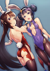  2girls animal_ears ass azur_lane backless_leotard backless_outfit bad_id bad_pixiv_id bare_shoulders black_hair black_legwear blunt_bangs blush braid breasts brown_hair center_opening double_bun dutch_angle fake_animal_ears fake_tail hair_bun hair_ornament hairband highleg highleg_leotard highres leotard long_hair looking_at_viewer momoto multiple_girls navel ning_hai_(azur_lane) ning_hai_(moon_palace_rabbit)_(azur_lane) official_alternate_costume pantyhose photoshop_(medium) ping_hai_(azur_lane) ping_hai_(osmanthus_moon_rabbit)_(azur_lane) playboy_bunny purple_eyes purple_leotard rabbit_ears rabbit_tail red_eyes red_leotard shiny_clothes shiny_skin short_hair side_braid sideboob simple_background skindentation small_breasts standing strapless strapless_leotard tail thighhighs tied_hair very_long_hair white_hairband 