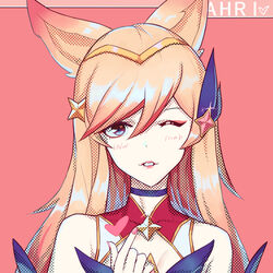  ahri alternate_costume alternate_eye_color alternate_hair_color animal_ears choker female fox_ears fox_tail hair_ornament hairband league_of_legends lips long_hair magical_girl peach_hair star_guardian_ahri wink 