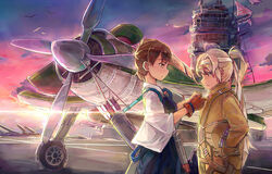  2girls aircraft aircraft_carrier airplane b7a_ryuusei bird brown_hair cloud commentary_request fairy_(kancolle) flag humanization japanese_clothes japanese_flag kaga_(kancolle) kantai_collection military military_vehicle multiple_girls muneate pilot propeller quiver ryuusei_(kancolle) ship short_hair side_ponytail spark_(sandro) torpedo vehicle_focus warship watercraft 