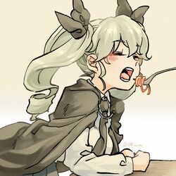  anchovy_(girls_und_panzer) anzio_school_uniform cape commentary_request drill_hair feeding female food fork girls_und_panzer hair_ribbon necktie open_mouth pasta ribbon school_uniform shigemitsu_jun solo spaghetti twin_drills twintails 