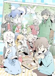  5boys 5girls ahoge alternate_costume amamiya_hibiya bad_id bad_twitter_id bento bird black_eyes black_hair blonde_hair blue_eyes blue_hair brown_eyes brown_hair cellphone chopsticks closed_eyes colored_eyelashes commentary_request cup day dress drinking eating ene_(kagerou_project) floating food fork green_eyes green_hair hair_ornament hairband hairclip headphones highres hood hoodie jacket jersey kagerou_project kano_shuuya kido_tsubomi kisaragi_momo kisaragi_shintarou konoha_(kagerou_project) kozakura_marry long_hair mat multiple_boys multiple_girls onigiri open_mouth orange_hair outdoors phone photo_(object) picnic picnic_basket pink_eyes ponytail pout sandwich scarf seto_kousuke short_hair shorts sidu_(dsd_kgn) skirt smartphone smile sweater tateyama_ayano twintails white_hair yellow_eyes 