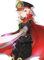  100percent_park ;) absurdres black_hat black_jacket black_pants cape commentary_request cosplay fate/grand_order fate_(series) female gloves green_eyes grey_gloves hair_between_eyes hat highres holding holding_sword holding_weapon jacket katana koha-ace military military_uniform oda_nobunaga_(fate) oda_nobunaga_(koha-ace) oda_nobunaga_(koha-ace)_(cosplay) okita_souji_(fate) okita_souji_(koha-ace) one_eye_closed pants red_cape simple_background smile solo sparkle standing sword uniform weapon white_background 