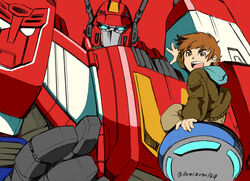  2boys :d arm_support autobot blue_eyes brown_eyes brown_hair commentary_request emblem eyebrows glowing glowing_eyes hood hood_down insignia jacket kamizono_(spookyhouse) long_sleeves looking_at_viewer looking_back mecha minakaze_jan multiple_boys open_mouth pants photoshop_(medium) red_background retro_artstyle robot science_fiction short_hair simple_background sitting size_difference smile star_saber_(transformers) transformers transformers_victory twitter_username v-shaped_eyebrows 