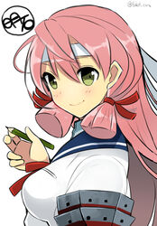  akashi_(kancolle) bad_id bad_pixiv_id bandana breasts female fujiyama_ichiha green_eyes hair_ribbon kantai_collection long_hair looking_at_viewer medium_breasts pencil pink_hair ribbon school_uniform serafuku smile solo tress_ribbon wooden_pencil 