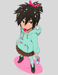  1boy big_hero_6 black_hair cosplay crossdressing crossover disney hiro_hamada male_focus marvel shatou_(c-com) simple_background solo vanellope_von_schweetz wreck-it_ralph 