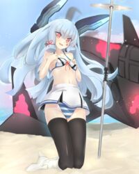  bad_id bad_pixiv_id bikini brown_eyes drum_(acta2436) female grey_hair hair_ribbon headgear heart kantai_collection long_hair machinery murakumo_(kancolle) murakumo_kai_ni_(kancolle) ribbon smile solo swimsuit 