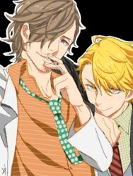  2boys arm_on_another&#039;s_shoulder blonde_hair brown_eyes brown_hair byon cigarette commentary_request facial_hair goatee hair_over_one_eye idolmaster idolmaster_side-m leaning_on_person looking_at_viewer maita_rui male_focus moustache multiple_boys necktie polka_dot_necktie smile smoking striped striped_necktie yamashita_jiro yellow_eyes 