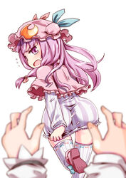  ass blush boots commentary_request dress dress_tug female from_behind hat long_hair looking_back mayuge_inu open_mouth patchouli_knowledge pov pov_hands purple_eyes purple_hair running short_dress thighhighs touhou zettai_ryouiki 