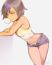  2015 big_hero_6 black_hair blowing_bubbles chewing_gum commentary_request eyeshadow female gogo_tomago makeup multicolored_hair open_clothes open_shorts panties shatou_(c-com) short_shorts shorts solo sports_bra streaked_hair tank_top twitter_username underwear yellow_panties yellow_sports_bra 