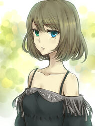  bare_shoulders blue_eyes collarbone commentary_request expressionless female green_eyes heterochromia idolmaster idolmaster_cinderella_girls inaba-no-kuni-tottori light_brown_hair mole mole_under_eye neck solo takagaki_kaede upper_body 