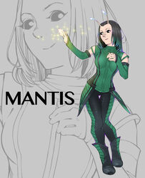  alien animification antennae black_eyes black_hair bodysuit boots breasts character_name commentary_request detached_sleeves female full_body glowing green_hair grey_background guardians_of_the_galaxy highres long_hair looking_to_the_side mantis_(marvel) marvel marvel_cinematic_universe medium_breasts multicolored_hair nakasone_god smile solo sparkle standing thigh_gap two-tone_hair zoom_layer 