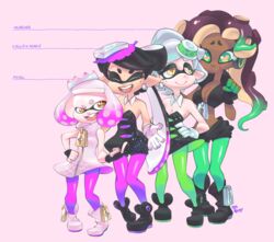  +_+ 3d_rod! 4girls bare_shoulders boots breasts callie_(splatoon) cephalopod_eyes character_name cleavage closed_eyes commentary crop_top dark-skinned_female dark_skin detached_collar earrings fangs fingerless_gloves gloves headphones height_chart height_difference highres inkling jewelry marie_(splatoon) marina_(splatoon) mole mole_under_eye mole_under_mouth multiple_girls octoling open_mouth pantyhose pearl_(splatoon) pointy_ears smile splatoon_(series) splatoon_2 symbol-shaped_pupils tentacle tentacle_hair white_gloves zipper zipper_pull_tab 