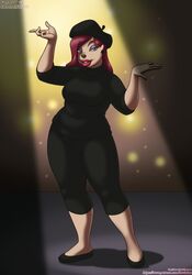  2016 anthro beret_girl bottomwear breasts clothed clothing disney female flats goof_troop green_eyes hair hi_res lips makeup pants red_hair slightly_chubby solo spotlight sweater thick_lips topwear turtleneck vkyrie weight_gain yoga_pants 