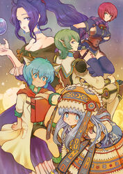  2boys 3girls animal_ears black_hair black_legwear blue_eyes book cat_ears coat commentary_request dress faize_scheifa_beleth green_eyes green_hair hairband hamura_yuuki high_ponytail in-franchise_crossover leon_geeste long_hair mavelle_froessen multiple_boys multiple_girls nel_zelpher ponytail red_hair relia_(star_ocean) scarf short_hair shorts smile star_ocean star_ocean_first_departure star_ocean_integrity_and_faithlessness star_ocean_the_last_hope star_ocean_the_second_story star_ocean_till_the_end_of_time thighhighs 