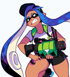  .52_gal_(splatoon) bad_id bad_tumblr_id bag baseball_cap bike_shorts blue_hair commentary dark-skinned_female dark_skin female green_eyes grenade_launcher hat ink_tank_(splatoon) inkling inkling_girl inkling_player_character long_hair oerba_yun_fang pointy_ears running saane shirt shoes sneakers solo splatoon_(series) splatoon_1 t-shirt teeth tentacle_hair trigger_discipline weapon 