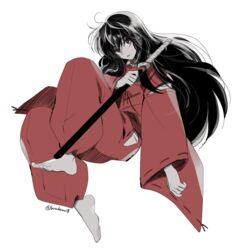  1boy alternate_form bad_id bad_twitter_id barefoot black_hair buruburu18 feet full_body highres holding holding_sheath inuyasha inuyasha_(character) japanese_clothes katana long_hair male_focus parted_lips sheath solo sword very_long_hair weapon white_background wide_sleeves 