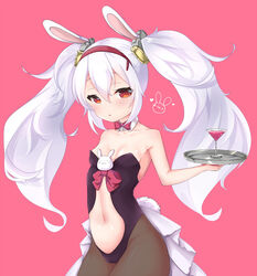  animal_ears azur_lane bare_shoulders black_leotard black_pantyhose blush bow bowtie breasts collar collarbone commentary_request cup detached_collar drinking_glass female hair_between_eyes hair_ornament hairband holding holding_tray laffey_(azur_lane) leotard long_hair medium_breasts navel panties pantyhose parted_lips pink_background pink_bow pink_bowtie playboy_bunny rabbit_ears red_eyes red_hairband shiruko_(27anko) simple_background solo strapless strapless_leotard tray twintails underwear very_long_hair white_collar white_hair 