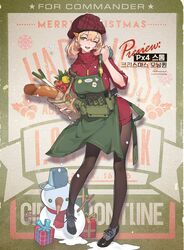  apron bag baguette bread carrot cheese christmas commentary_request female food full_body gift girls&#039;_frontline grocery_bag gun handgun hat holster holstered korean_commentary official_alternate_costume official_art one_eye_closed pantyhose paper_bag promotional_art px4_storm_(girls&#039;_frontline) px4_storm_(queen_of_x&#039;mas_morning)_(girls&#039;_frontline) rainli shopping_bag snowman solo spring_onion sweater tomato weapon 