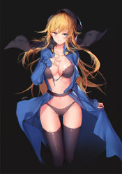  absurdres artist_name belt black_background black_bra black_panties black_thighhighs blonde_hair blue_coat blue_eyes bra breasts cleavage closed_mouth coat commentary cropped_legs female floating_hair front-tie_bra goeniko habit half-closed_eyes hand_on_own_hip hand_up head_tilt highres lace lace-trimmed_bra lace_trim large_breasts long_hair long_sleeves m.u.g.e.n navel nun open_bra open_clothes open_coat panties photoshop_(medium) simple_background sleeves_past_wrists smile solo swd3e2 the_king_of_fighters thighhighs underwear 