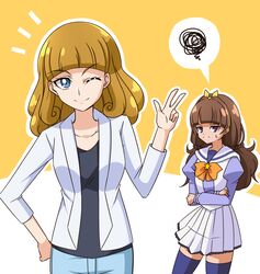  2girls amanogawa_kirara amanogawa_stella bad_id bad_pixiv_id blonde_hair blue_eyes brown_hair corpse_(artist) go!_princess_precure hairband mother_and_daughter multiple_girls one_eye_closed precure purple_eyes 