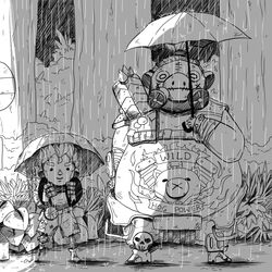  2boys animated animated bare_shoulders big_belly blush_stickers bus_stop commentary forest gas_mask greyscale hair_ornament holding holding_umbrella junkrat_(overwatch) long_hair male_focus mask mechanical_arms monochrome multiple_boys nature navel outdoors overwatch overwatch_1 parody peg_leg pig pig_tattoo ponytail rain roadhog_(overwatch) shade single_mechanical_arm skull smile spiked_hair spikes stomach_tattoo tattoo the-scared-crow tire tonari_no_totoro torn_clothes totoro_bus_stop tree umbrella 