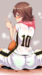  ass bad_id bad_twitter_id ball basketball basketball_(object) basketball_uniform blush breasts brown_eyes brown_hair female from_behind grin hanabi_(ocha) honda_mio idolmaster idolmaster_cinderella_girls large_breasts looking_back see-through short_hair sitting smile solo sportswear sweat towel towel_around_neck v wet wet_clothes 