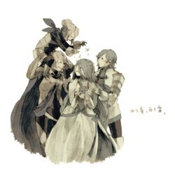  2boys 2girls armor azura_(fire_emblem) blue_hair cape closed_eyes commentary_request corrin_(fire_emblem) corrin_(male)_(fire_emblem) dress elbow_gloves father_and_daughter fire_emblem fire_emblem_fates flower gloves hair_bun kana_(female)_(fire_emblem) kana_(fire_emblem) long_hair luce-in-the-sky mother_and_son multiple_boys multiple_girls petals pointy_ears scarf shigure_(fire_emblem) simple_background single_hair_bun smile white_background white_hair 