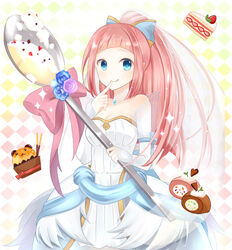  blue_eyes bow cake dress felicia_(fire_emblem_if) fire_emblem fire_emblem_heroes fire_emblem_if food food_on_face hairbow looking_at_viewer pink_hair rojiura-cat smile spoon wedding_dress 