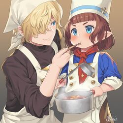  &gt;:) 2girls androgynous apron artist_name black_shirt blonde_hair blue_eyes blunt_bangs blush bridgette_(granblue_fantasy) brown_hair buttons chef chef_hat closed_mouth commentary_request cooking_pot cordelia_(granblue_fantasy) feeding food gradient_background granblue_fantasy hair_over_one_eye harvin hat holding holding_cooking_pot holding_ladle ladle looking_at_another multiple_girls obui pointy_ears reverse_trap shirt short_hair signature smile soup steam turtleneck v-shaped_eyebrows white_apron 