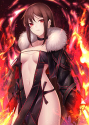  bad_id bad_pixiv_id black_choker black_dress black_jacket breasts brown_hair burning choker collarbone cropped_jacket dress ear_piercing fate/grand_order fate_(series) female fire fur-trimmed_jacket fur_trim hair_between_eyes head_tilt highres holding holding_sword holding_weapon jacket long_hair long_sleeves looking_at_viewer medium_breasts navel parted_lips piercing red_eyes revealing_clothes ribbon-trimmed_dress sidelocks solo strapless strapless_dress sword torn_clothes torn_sleeves very_long_hair weapon yu_mei-ren_(fate) yukihama 