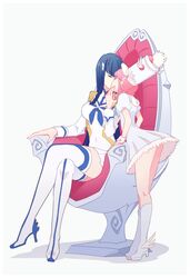  2girls ankle_wings black_hair boots chair closed_eyes commentary_request crossed_legs dress hand_on_another&#039;s_face hat height_difference highres jakuzure_nonon junketsu kill_la_kill kiryuuin_satsuki kissing long_hair multiple_girls pink_hair sako_(namocake) shako_cap shoes short_hair sidelocks sitting thigh_boots thighhighs throne uniform winged_footwear winged_hat wings yuri 