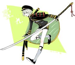  1boy armor cape cojima commentary_request full_body green_eyes hair_flaps hat highres hotarumaru japanese_armor legwear_garter male_focus military military_uniform ootachi open_mouth sheath shorts shoulder_armor socks sode solo sword touken_ranbu uniform weapon white_hair 