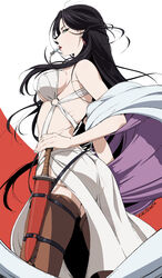  arslan_senki ass bad_id bad_pixiv_id bare_shoulders black_hair breasts earrings falangies female green_eyes highres jewelry large_breasts lipstick long_hair makeup red_background shawl sheath sheathed short_sword signature simple_background solo sword thighhighs two-tone_background umishima_senbon weapon white_background 