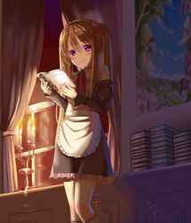  bad_id bad_pixiv_id blush book brown_hair candle curtains detached_sleeves elf female holding maid maid_headdress myucel_foalan nine_wangwang outbreak_company pointy_ears purple_eyes ribbon smile solo standing twintails window 