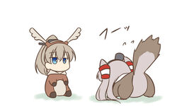  2girls all_fours alternate_costume amatsukaze_(kancolle) animal_costume blue_eyes brown_hair commentary flying_sweatdrops grey_hair hair_tubes hat high_ponytail kantai_collection kumano_(kancolle) long_hair miyo_(miyomiyo01) multiple_girls ponytail simple_background sitting squirrel_costume squirrel_tail tail two_side_up white_background 