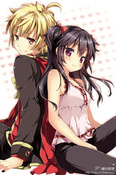  1boy ahoge back-to-back bare_shoulders blonde_hair blouse blush bow brown_hair casual character_request chinese_commentary chiyingzai closed_mouth commentary_request female from_side hairbow heart long_hair long_sleeves looking_at_viewer looking_to_the_side original photoshop_(medium) shirt sitting two_side_up yellow_eyes 