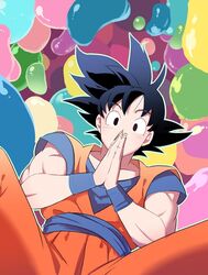  1boy black_eyes black_hair colorful commentary_request dougi dragon_ball dragon_ball_z expressionless jiayu_long looking_at_viewer male_focus multicolored_background muscular outline own_hands_together photoshop_(medium) solo son_goku spiked_hair spread_legs wide-eyed wristband 